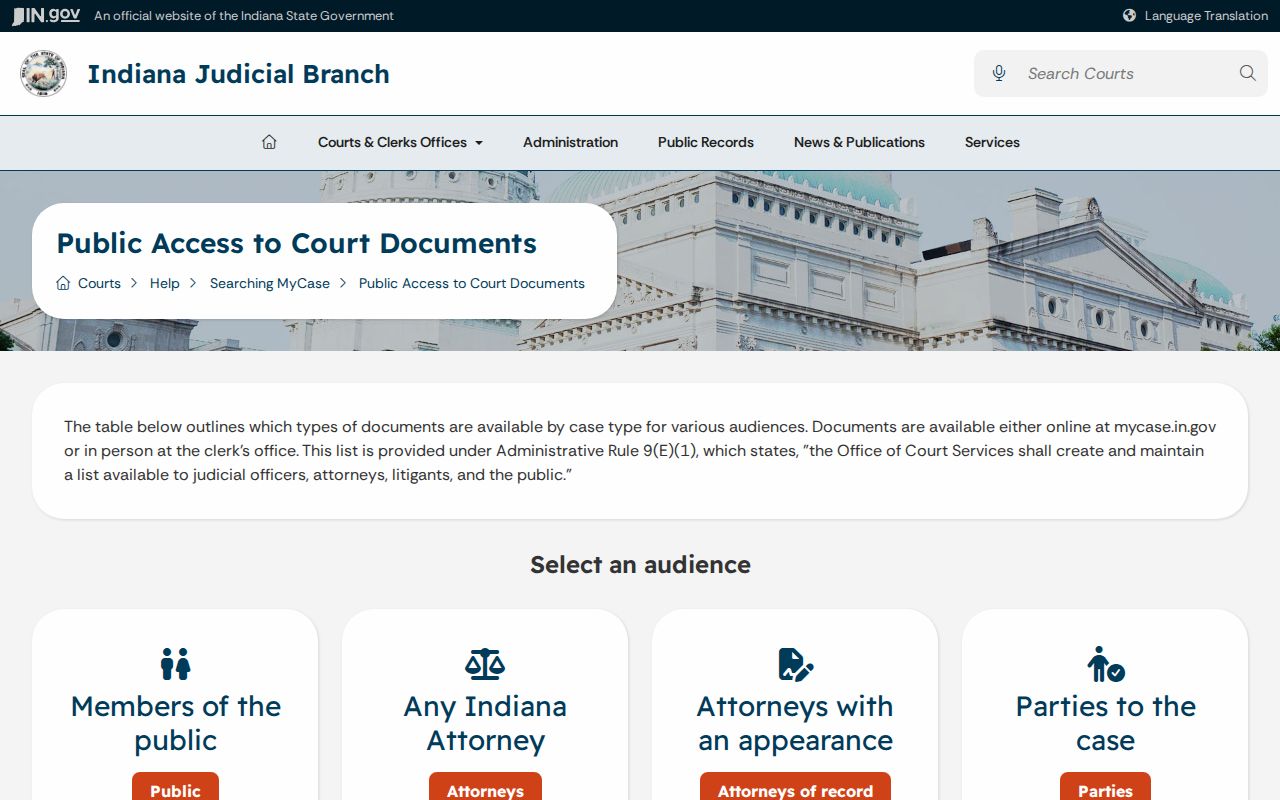Indiana warrant search reference to MyCase case-document access by record type