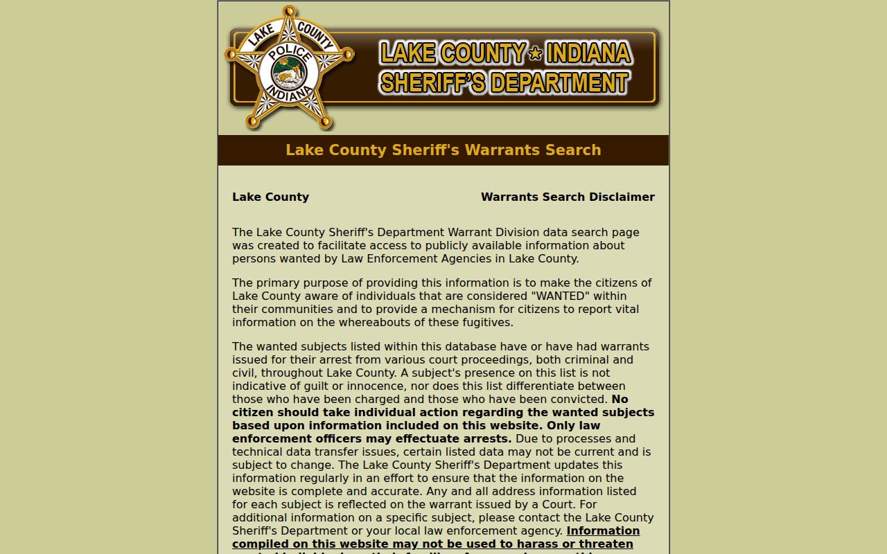 Indiana outstanding warrant Lake County search agreement and disclaimer