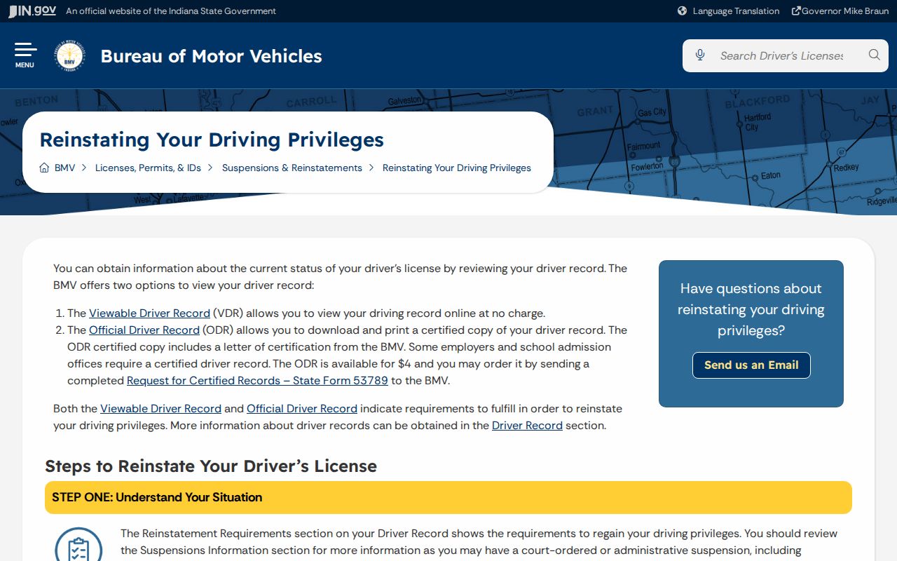 Indiana traffic warrant records: BMV reinstatement instructions that direct drivers to the court