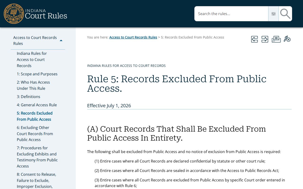 Indiana warrant records access rules shown in the current court rule index