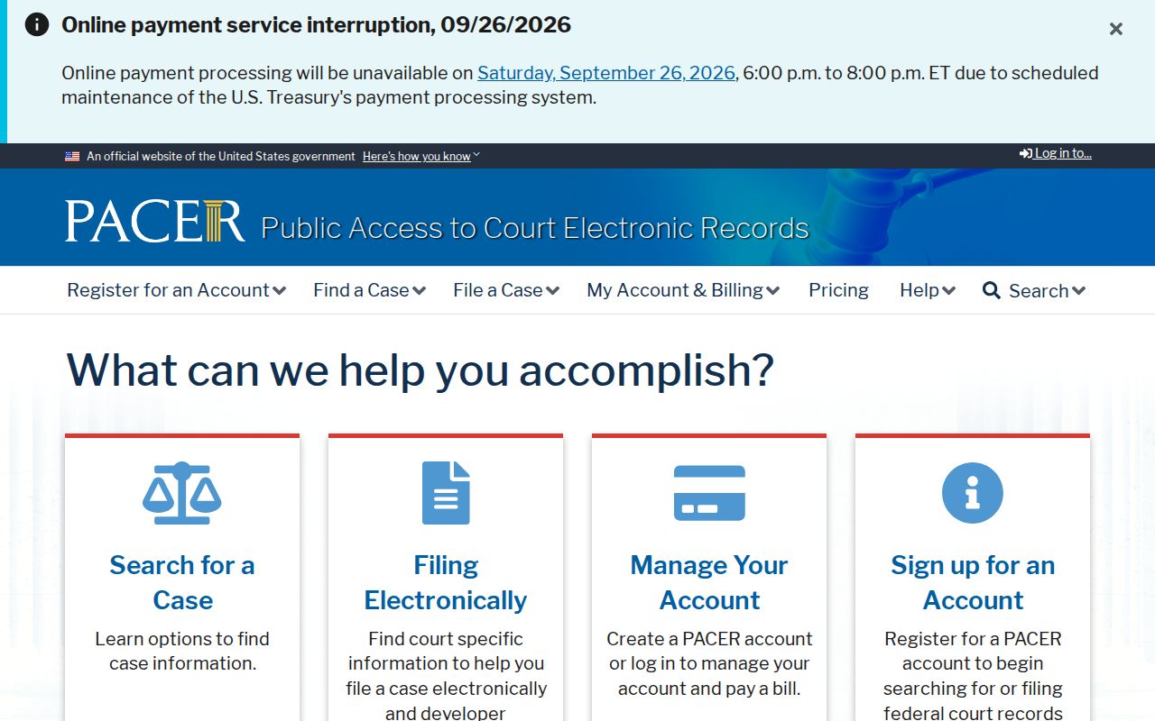 Indiana warrant system records: PACER federal docket access page