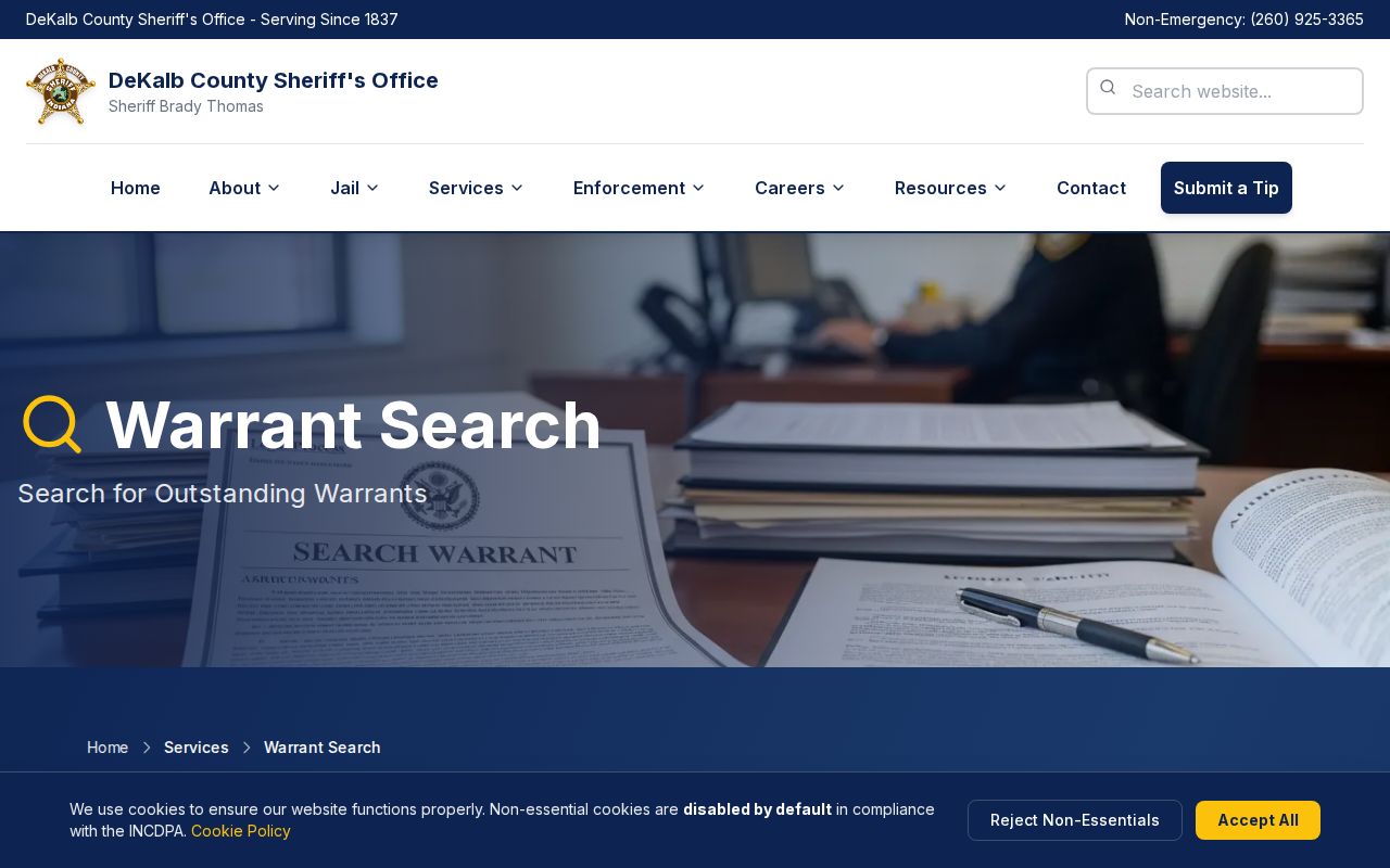 Indiana outstanding warrant county sheriff page and list disclaimer