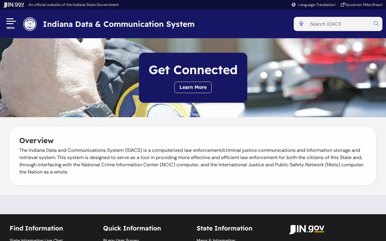 Indiana warrant system records: official IDACS criminal-justice information system page