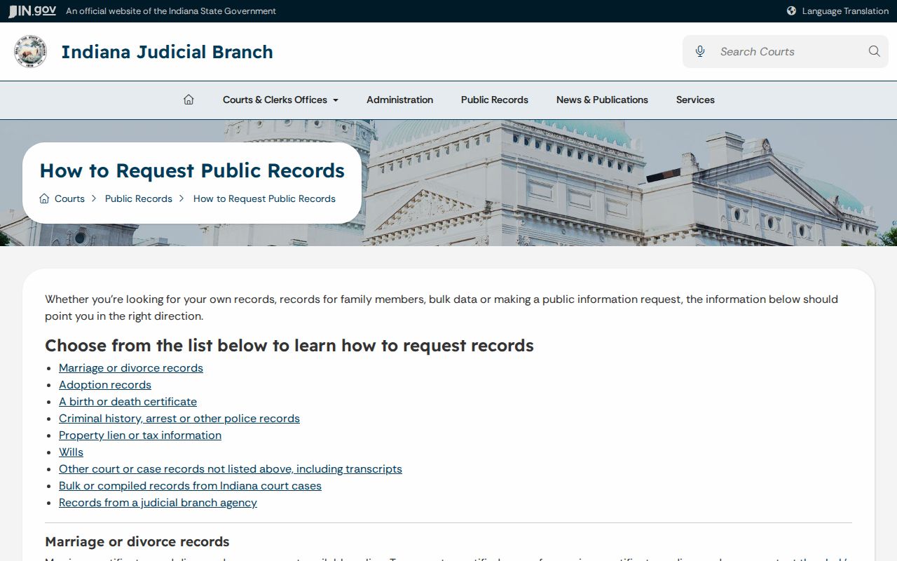 Indiana warrant records request routing instructions from the Judicial Branch