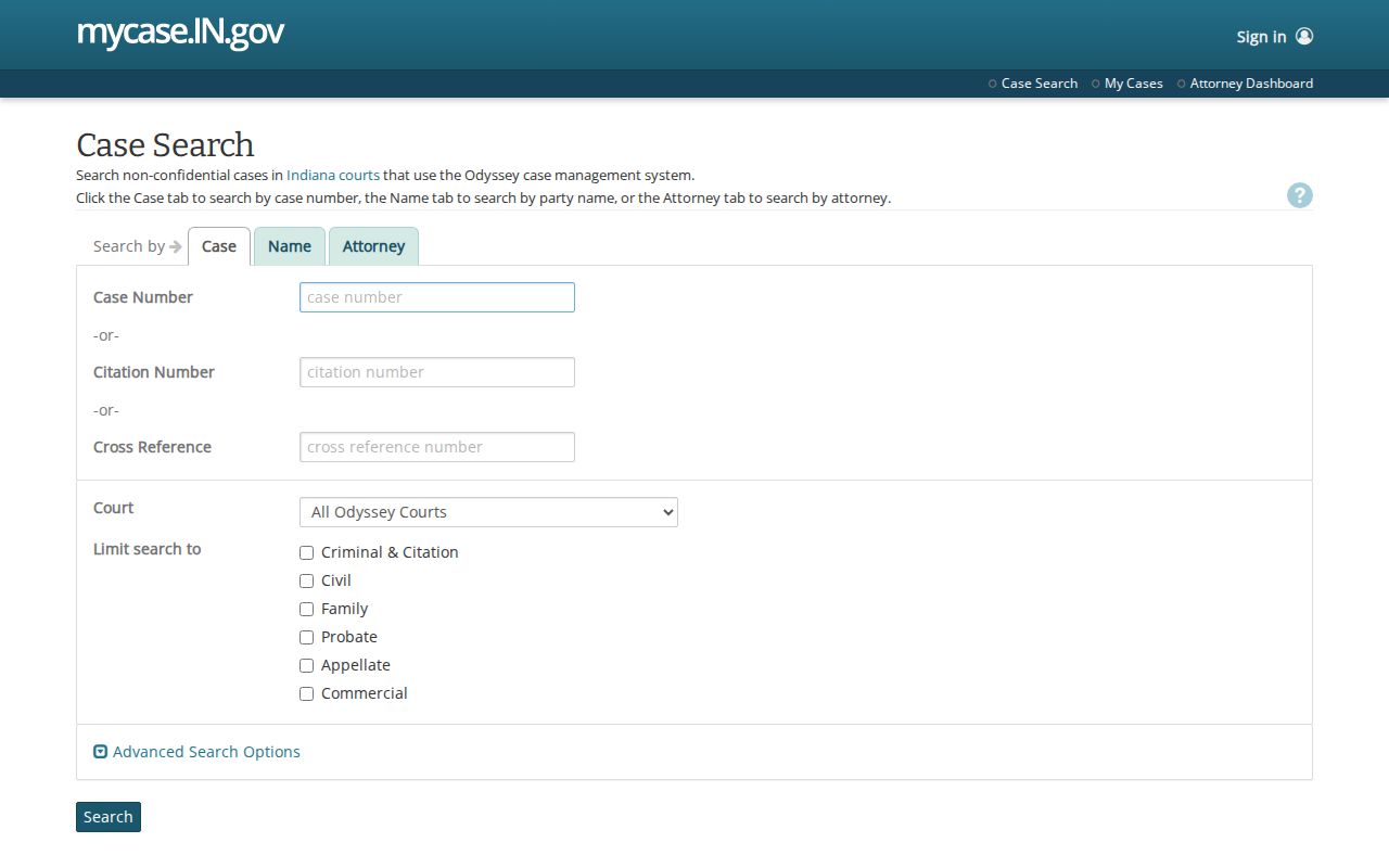 Indiana warrant search starting point in the MyCase case portal