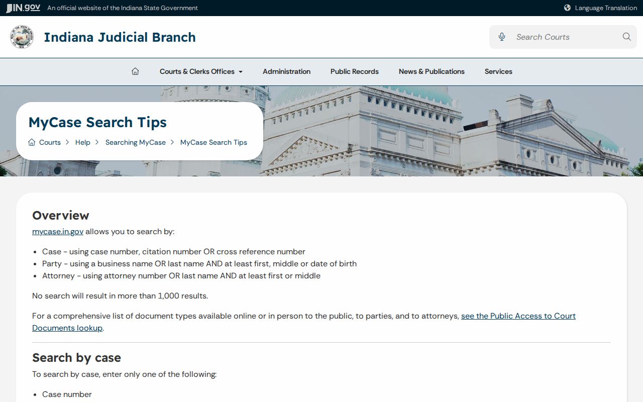 Indiana warrant search name and case-search guidance in MyCase