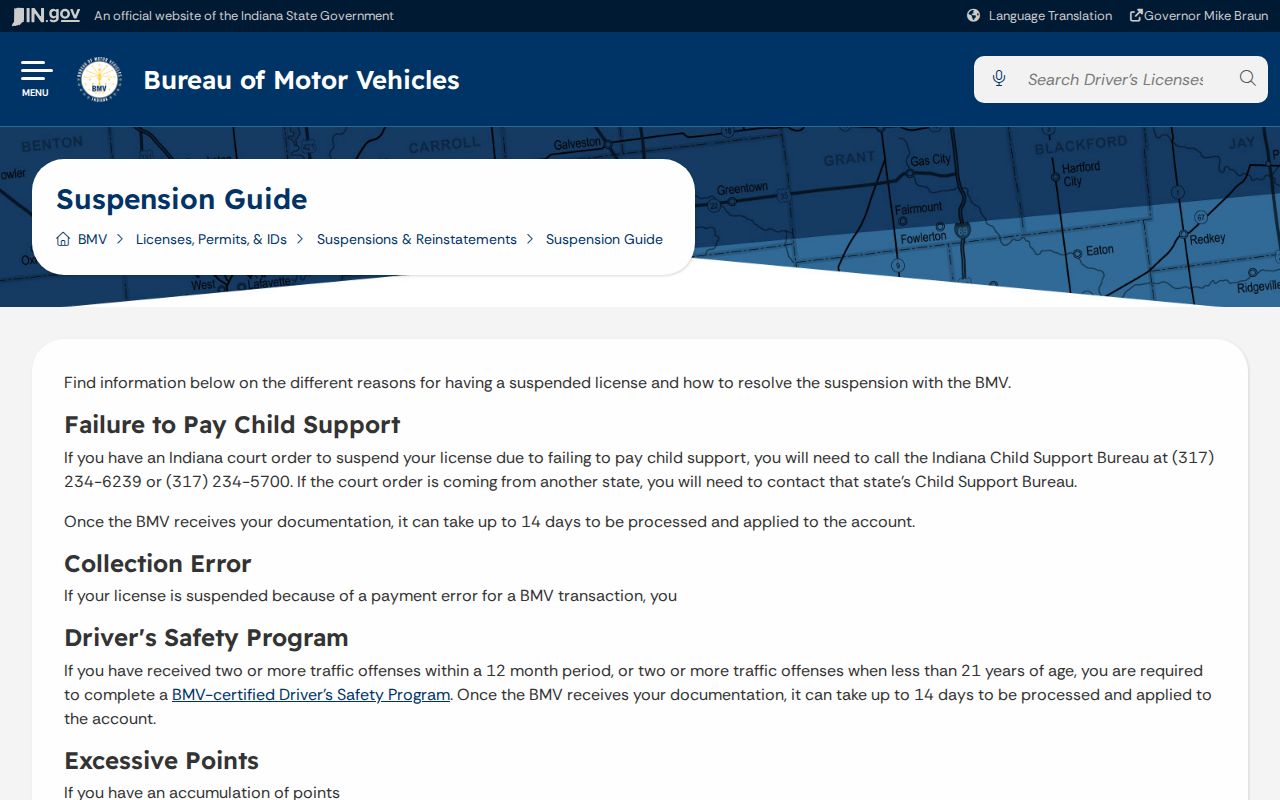 Indiana traffic warrant records: BMV guide showing a separate child-support suspension route