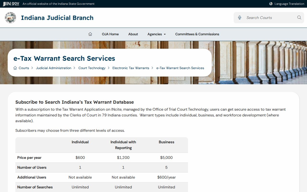 Indiana warrant system records: e-Tax subscription tiers for civil tax warrants